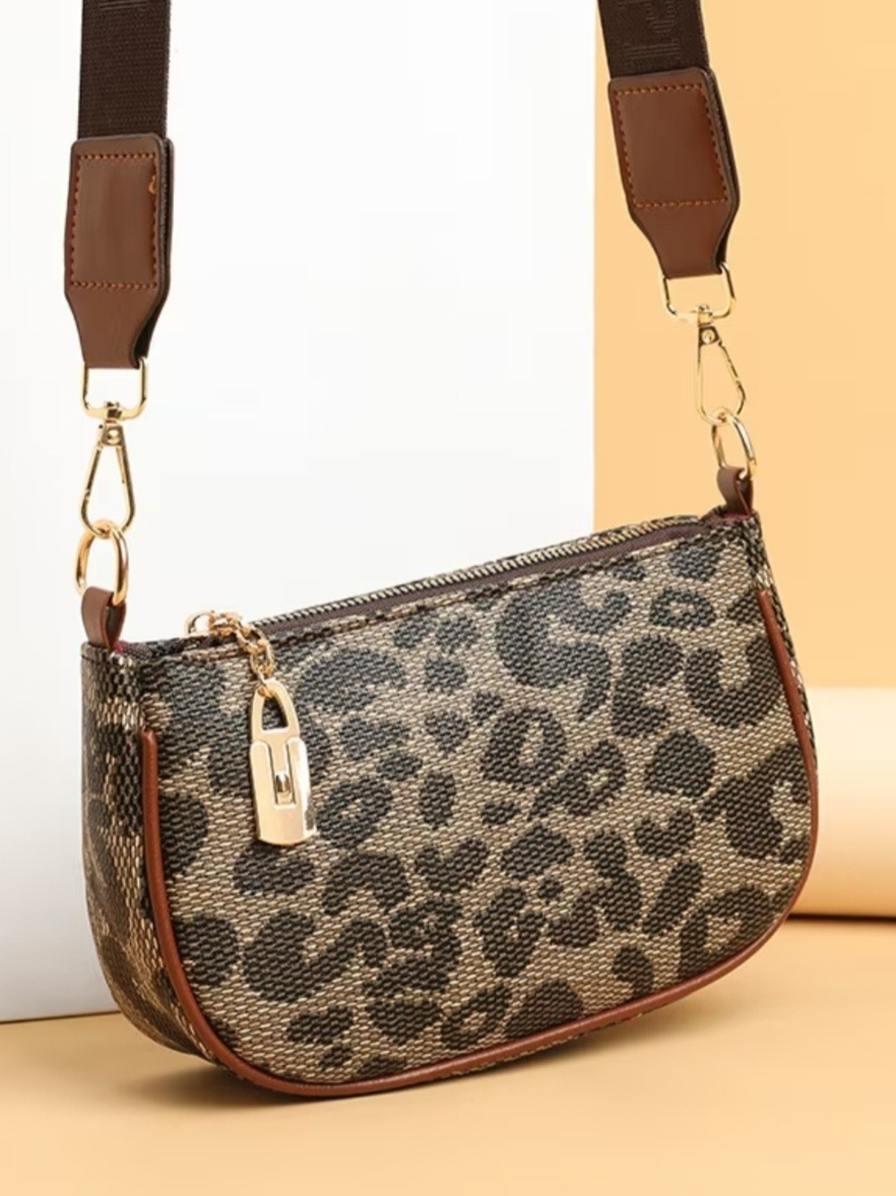 Brown Leopard Print Crossbody Bag with Gold Hardware